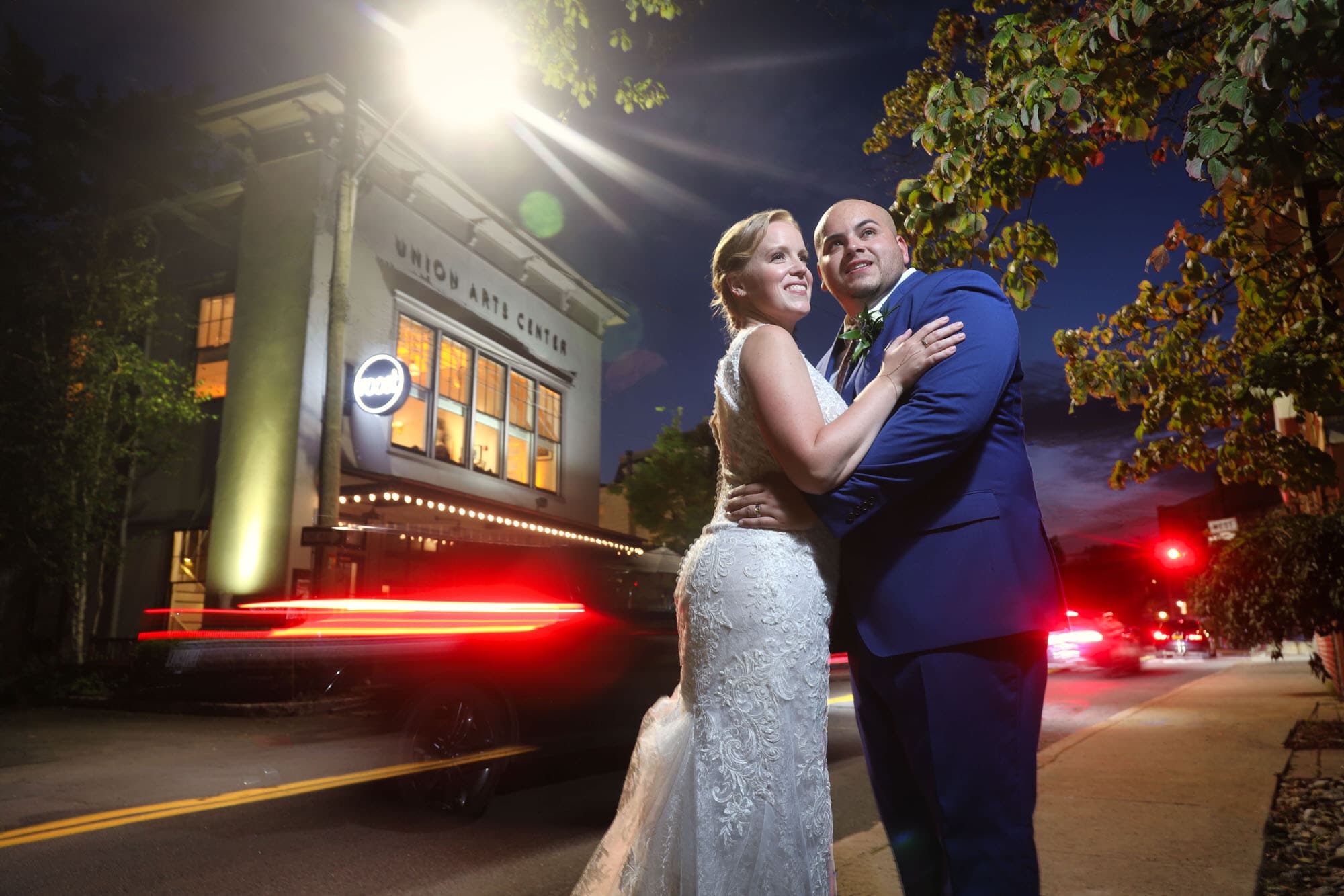 Curvy.Bride-and groom at Night with cool tail lights