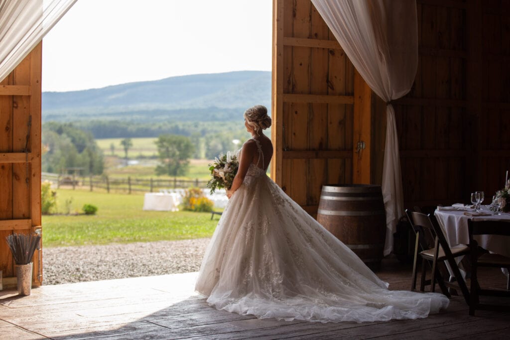 bride standing in a barn looking over country side