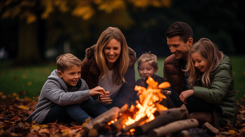 A cozy autumn setting in a picturesque park, with a family gathered around a bonfire, enjoying hot cocoa and roasting marshmallows, surrounded by vibrant orange and golden leaves, evoking a sense of warmth and togetherness, Portrait Photography, using a telephoto lens to capture the intimate expressions and interactions of each family member,