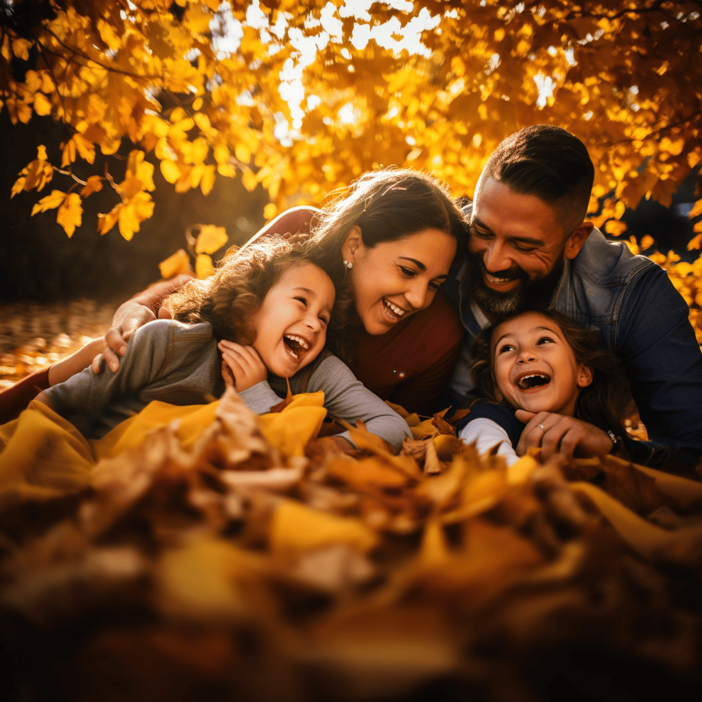 A heartwarming Pro Fall Latino Family Photoshoot with a family of four sitting on a cozy blanket surrounded by vibrant autumn leaves, golden sunlight filtering through the trees, capturing their genuine smiles and laughter, Portrait Photography