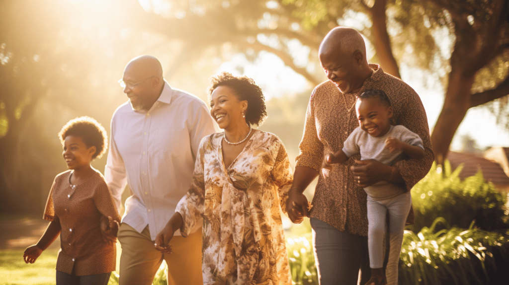 A heartwarming family photoshoot of multi - generational african - american family in a beautiful park, capturing the love and connection between family members, with parents holding hands and children playing nearby, sunlight filtering through the trees, creating a soft and dreamy atmosphere, Portrait Photography, using a full - frame DSLR with a 50mm prime lens