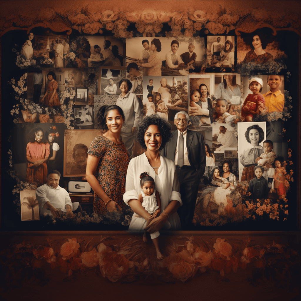 A heartwarming multi - cultural collage of family photos spanning several generations, capturing the evolution of family dynamics, fashion trends, and cultural changes, showcasing the joy and love shared through the ages, Portrait Photography, using a vintage medium format film camera with a shallow depth of field,