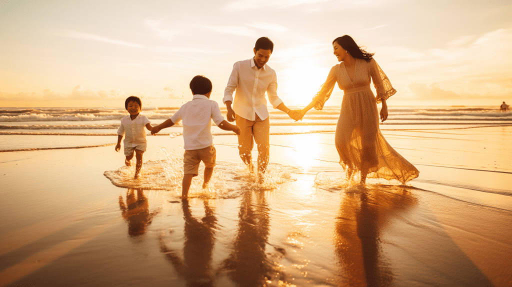 A playful asian family photoshoot on a sandy beach at sunset, with vibrant pops of color in their outfits, capturing the family of three building sandcastles and splashing in the gentle waves, while the golden sun creates a magical glow, Seascape Photography,