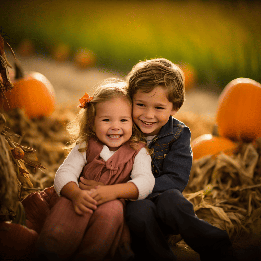 A rustic farm backdrop for a pro fall family photoshoot, with a charming barn, haystacks, and pumpkins scattered around, a gentle breeze blowing through the fields, capturing the family's warmth and love as they gather around a cozy bonfire, Portrait Photography, Full - frame camera with a telephoto lens, f/ 2. 8 aperture,