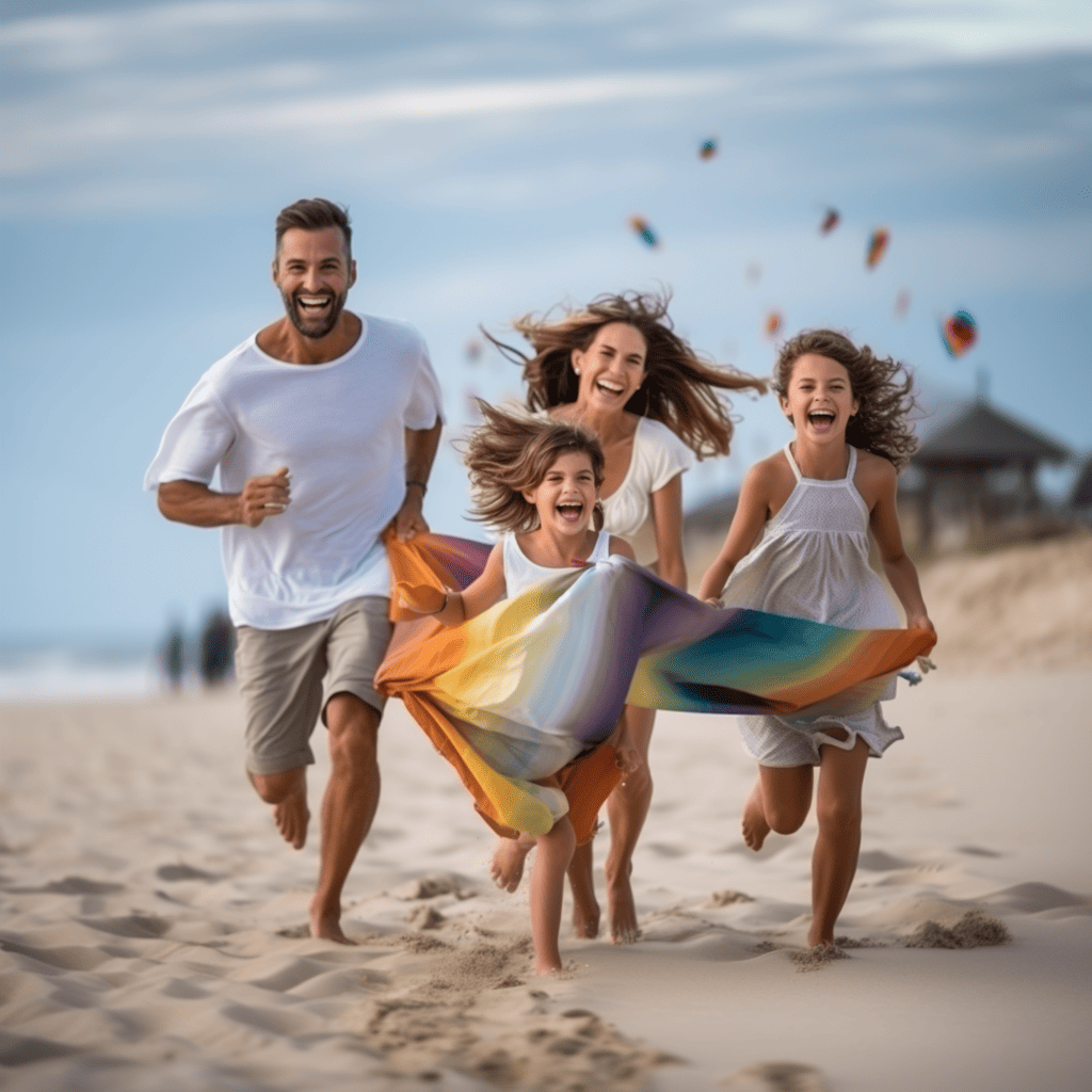 An energetic Pro Beach family photoshoot featuring a family of five running along the shoreline, their colorful beach towels trailing behind them, with seagulls flying overhead and seashells scattered on the sand, Seascape Photography