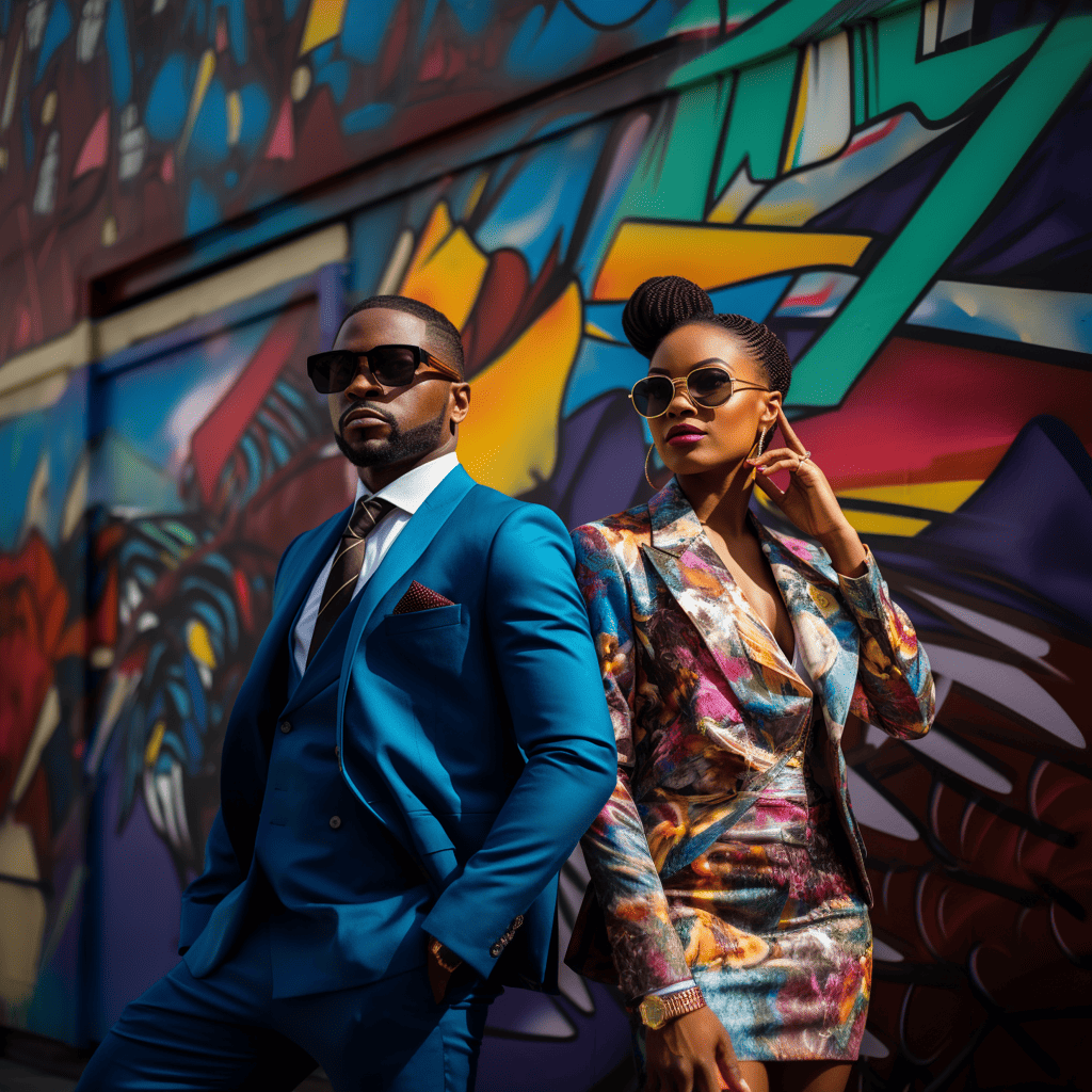 A stylish black couple photoshoot in a trendy urban setting