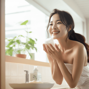 Japanese_Woman_using_face_cream in her bathroom