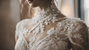 Wedding dress display: Model in gown with plunging V-neckline, lace detailing, and beading, against soft-lit backdrop with curtains. Portrait photo, 50mm lens, shallow depth of field.