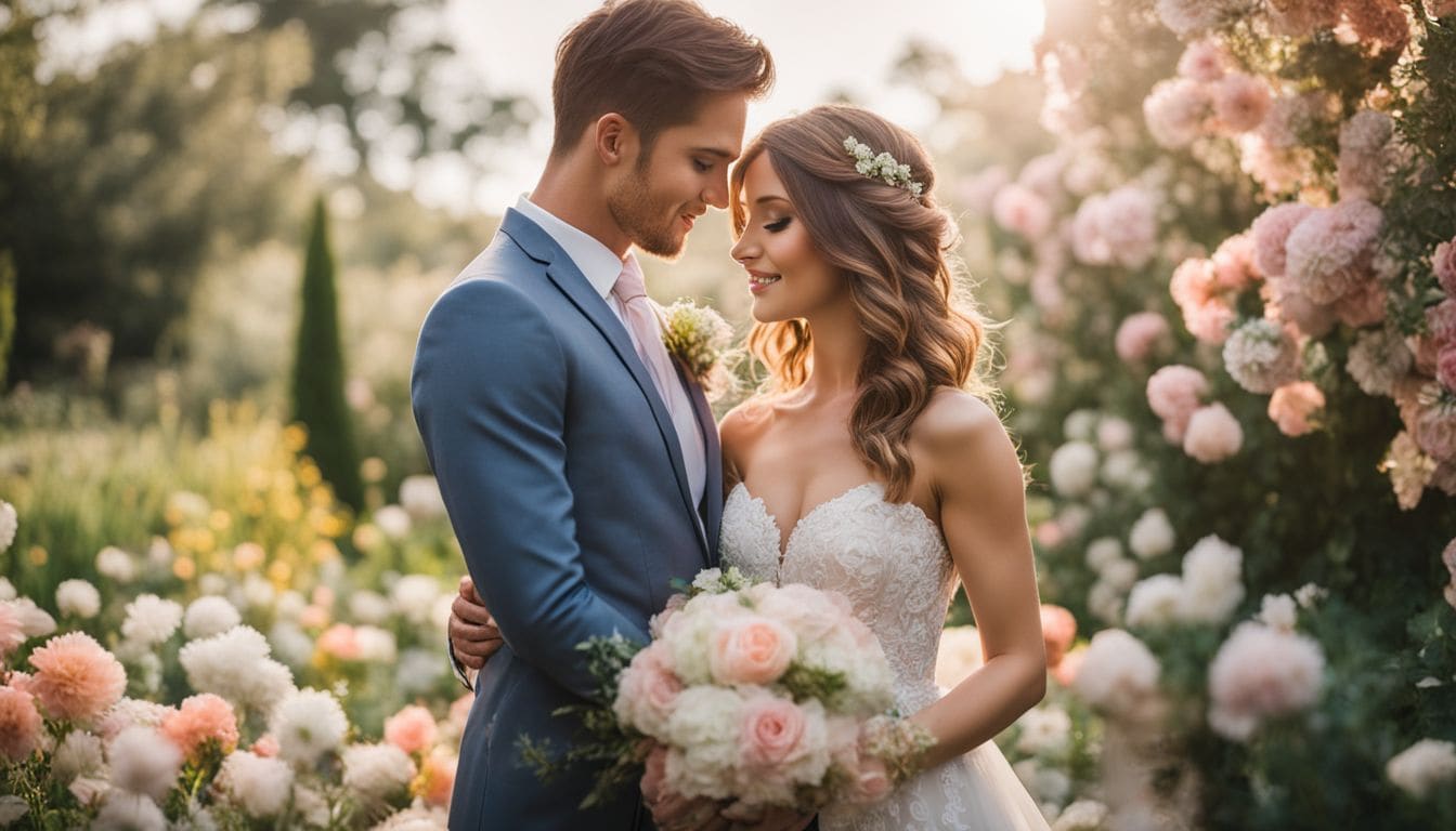 A bride and groom surrounded by pastel flowers in a garden.