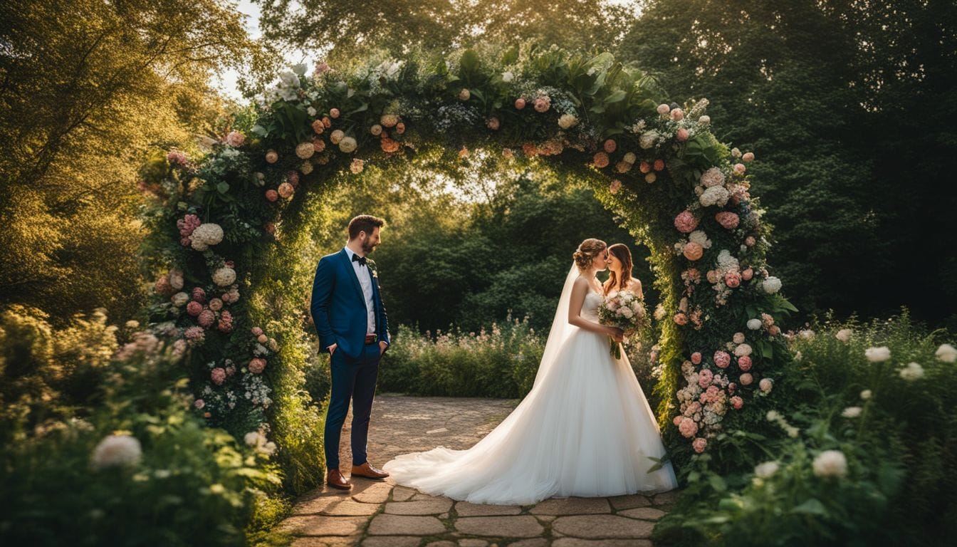 A bride and groom standing under a floral arch in a garden.