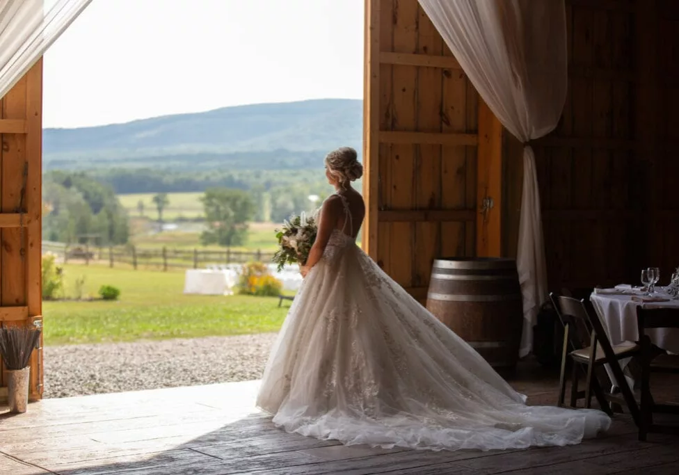Bride standing in a barn overlooking the sun filled Pennsylvania countryside